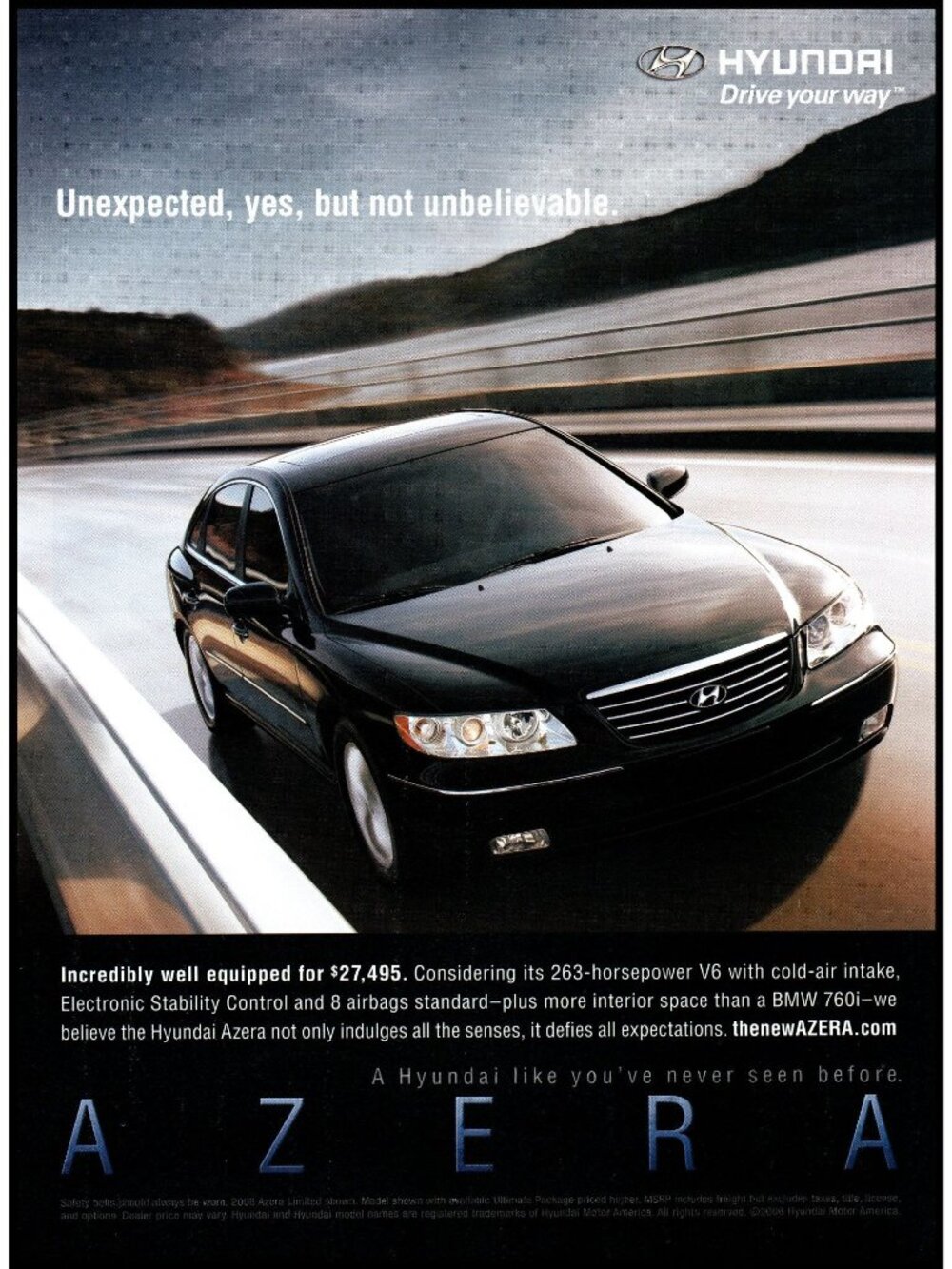 2006 Hyundai Azera Sedan Vintage Print Ad Highway Guardrail Curve Wall Art